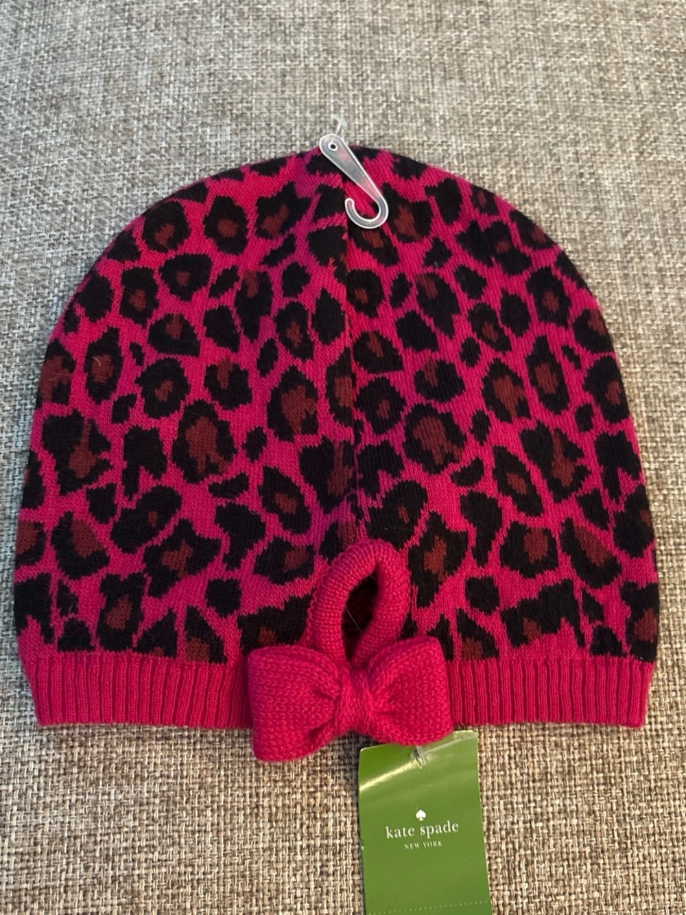 kate spade Pink and Black Leopard Print Knit Beanie with Bow